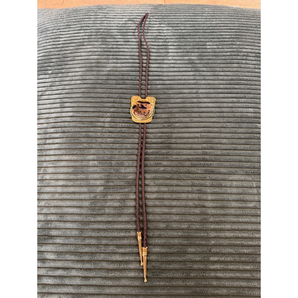 Vintage Western Bolo Tie Gold Tone‎ Metal Scenic Picture Jasper Stone Mens